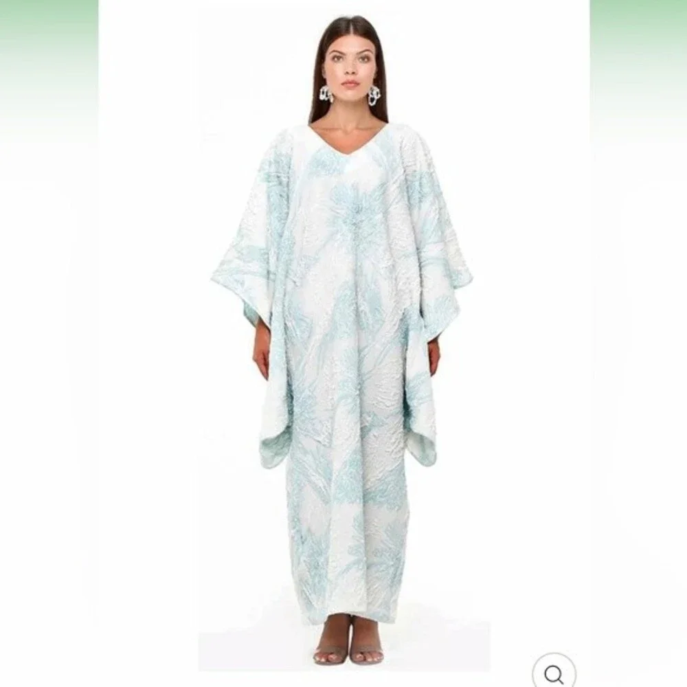 Bambah Antonia Kaftan Dress Maxi Floral Printed White Blue Brocade Textured OS